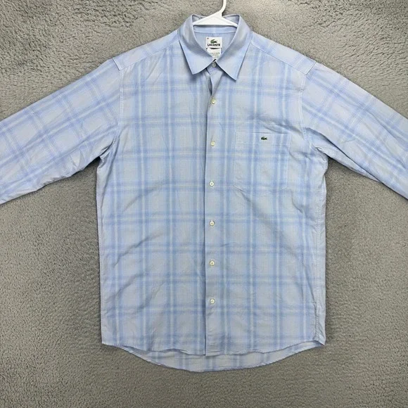 Lacoste Adult Mens Button Up Shirt 40 US Large Blue Plaid Long Sleeve Pocket